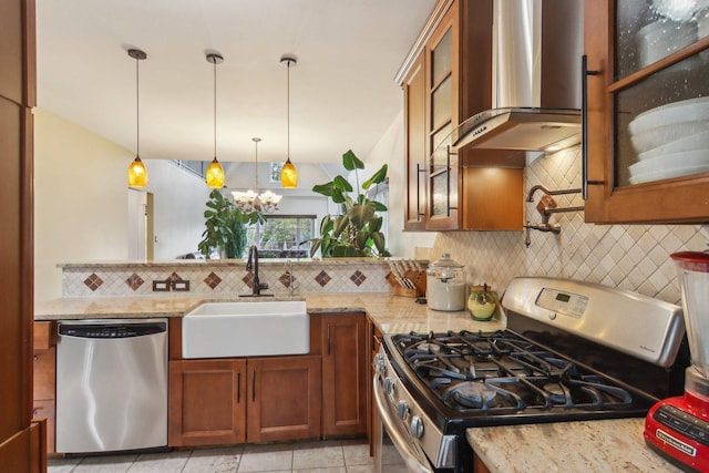 89 Huron St, Maywood, IL 60153 - kitchen with appliances with stainless steel finishes, wall chimney range hood, a sink, brown cabinetry, and decorative backsplash