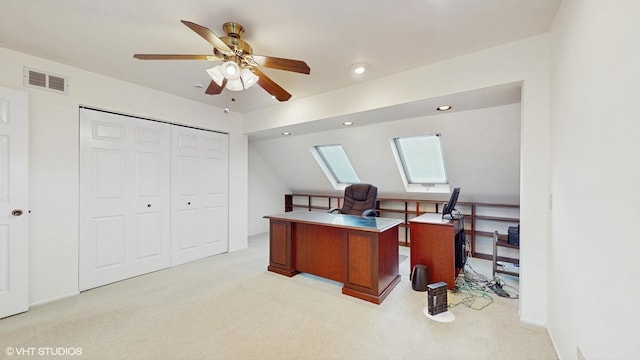 315 Carmelhead Ln, Schaumburg, IL 60193 - office area featuring a skylight, light carpet, a ceiling fan, and recessed lighting