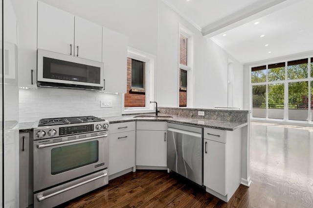 1018 N Honore Ave Unit C, Chicago, IL 60622 - kitchen featuring stainless steel appliances, a sink, dark wood finished floors, dark stone counters, and backsplash