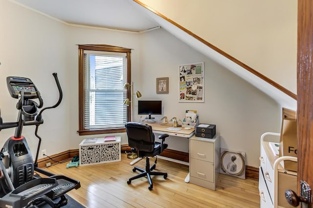3746 N Hermitage Ave, Chicago, IL 60613 - office with light wood-style flooring, baseboards, vaulted ceiling, and ornamental molding
