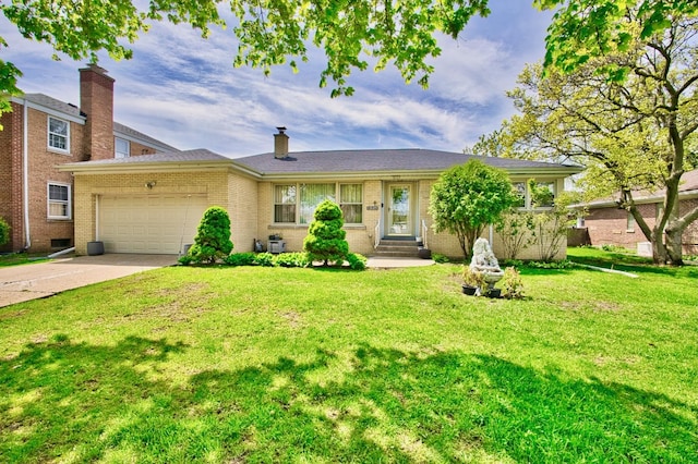 5025 Jerome Ave, Skokie, IL 60077 - single story home featuring an attached garage, a front lawn, brick siding, entry steps, and concrete driveway
