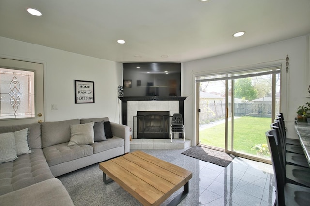 5025 Jerome Ave, Skokie, IL 60077 - living room featuring a fireplace, recessed lighting, and tile patterned flooring
