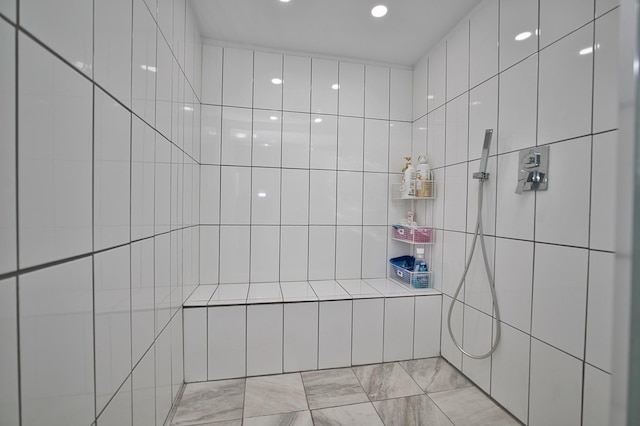 5025 Jerome Ave, Skokie, IL 60077 - full bathroom featuring a tile shower, marble finish floors, and recessed lighting