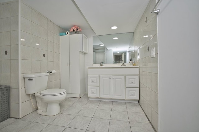 5025 Jerome Ave, Skokie, IL 60077 - bathroom featuring tile walls, tile patterned floors, toilet, vanity, and an enclosed shower