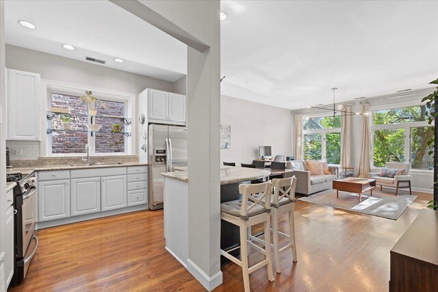 3616 N Janssen Ave Unit 2N, Chicago, IL 60613 - kitchen featuring stainless steel appliances, open floor plan, a sink, light wood-type flooring, and white cabinetry