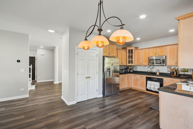 1159 Clover Hill Ln, Elgin, IL 60120 - kitchen featuring appliances with stainless steel finishes, dark countertops, light brown cabinets, dark wood-style floors, and recessed lighting