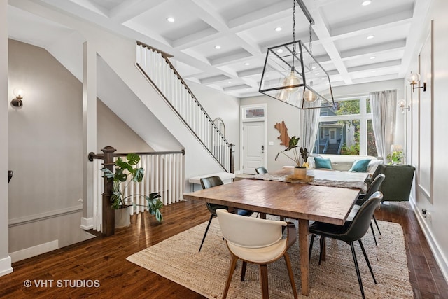 dining room with dark wood-type flooring, coffered ceiling, recessed lighting, beam ceiling, and baseboards