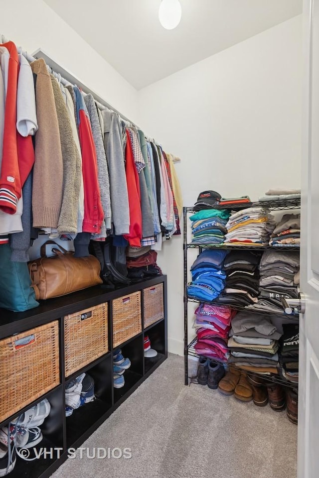 walk in closet with carpet