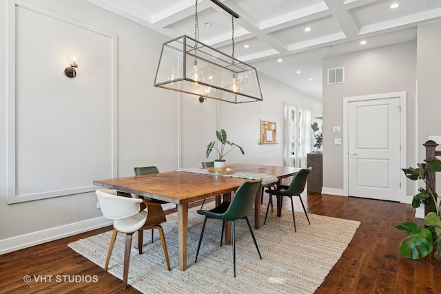 dining space with coffered ceiling, dark wood-style flooring, baseboards, recessed lighting, and beam ceiling