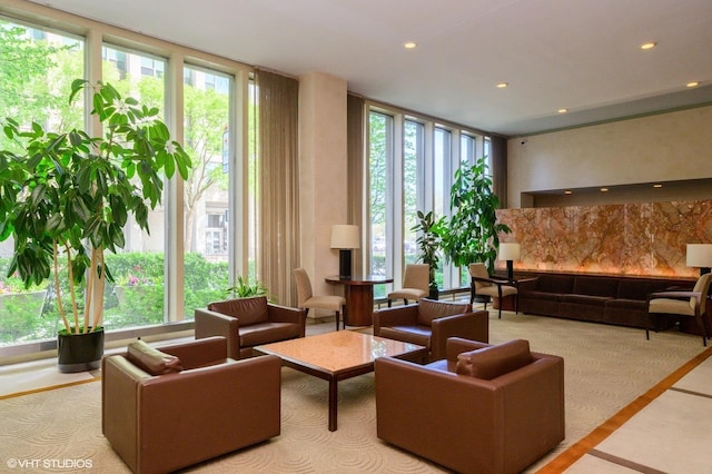 lobby featuring recessed lighting and expansive windows