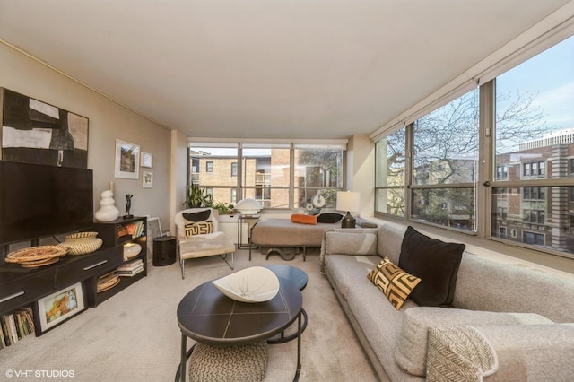living room with carpet and floor to ceiling windows