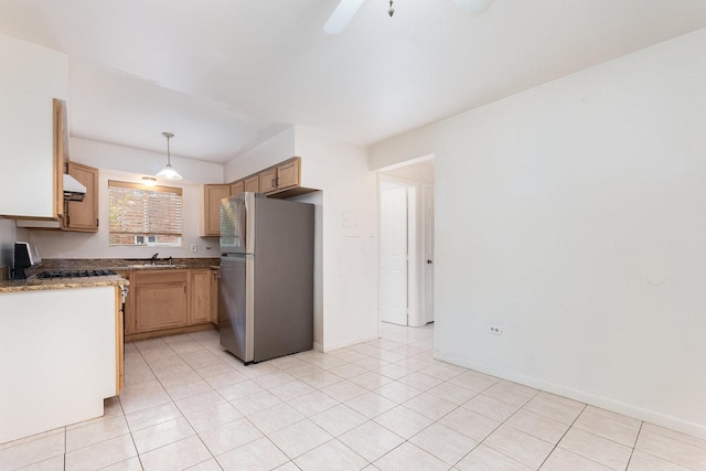 15302 Kenton Ave Unit 3, Oak Forest, IL 60452 - kitchen with freestanding refrigerator, baseboards, decorative light fixtures, a sink, and light tile patterned floors