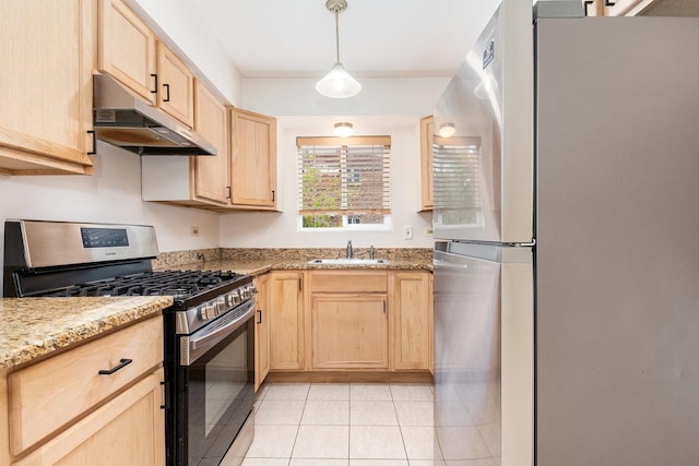 15302 Kenton Ave Unit 3, Oak Forest, IL 60452 - kitchen with freestanding refrigerator, stainless steel range with gas cooktop, under cabinet range hood, light brown cabinets, and a sink