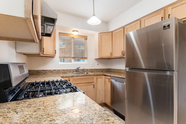 15302 Kenton Ave Unit 3, Oak Forest, IL 60452 - kitchen featuring stainless steel appliances, light brown cabinetry, a sink, and hanging light fixtures