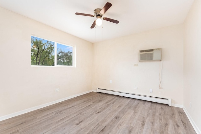 15302 Kenton Ave Unit 3, Oak Forest, IL 60452 - empty room with baseboard heating, light wood-style floors, a ceiling fan, an AC wall unit, and baseboards