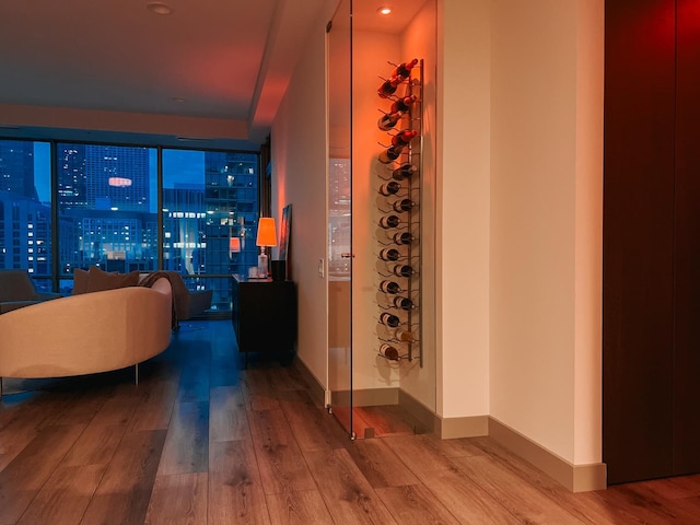 wine area with wood finished floors and baseboards