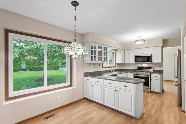 1836 71st St, Woodridge, IL 60517 - kitchen featuring stainless steel appliances, a sink, a peninsula, and light wood-style floors