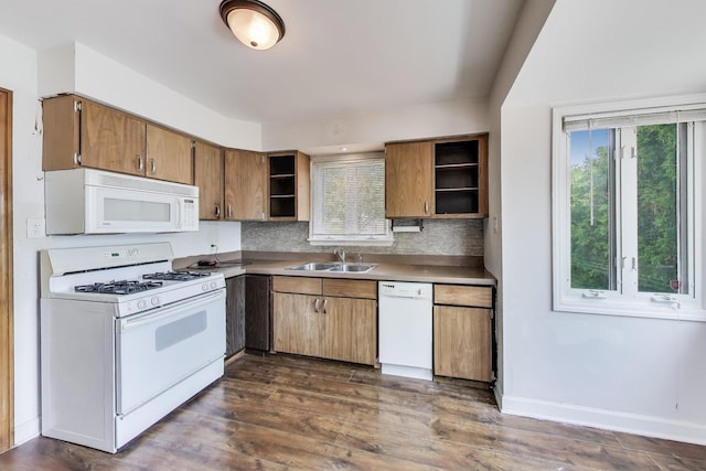 7657 N Osceola Ave, Niles, IL 60714 - kitchen featuring open shelves, white appliances, tasteful backsplash, dark wood finished floors, and brown cabinets