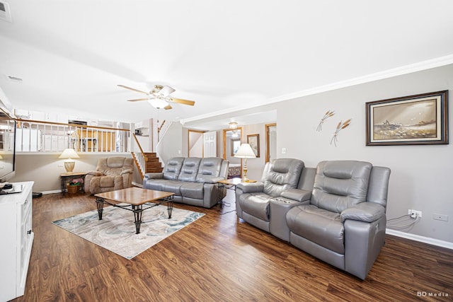 19634 Patricia Ln, Mokena, IL 60448 - living room with a ceiling fan, stairs, dark wood finished floors, crown molding, and baseboards
