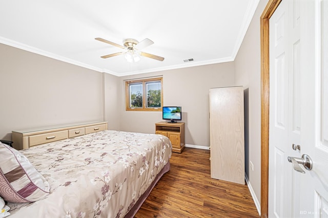 19634 Patricia Ln, Mokena, IL 60448 - bedroom with crown molding, dark wood-type flooring, baseboards, and a ceiling fan