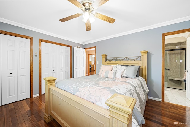 19634 Patricia Ln, Mokena, IL 60448 - bedroom featuring wood-type flooring, two closets, baseboards, ornamental molding, and a ceiling fan