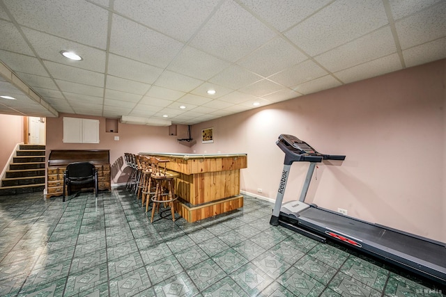 19634 Patricia Ln, Mokena, IL 60448 - indoor dry bar featuring a paneled ceiling, recessed lighting, baseboards, and stairs
