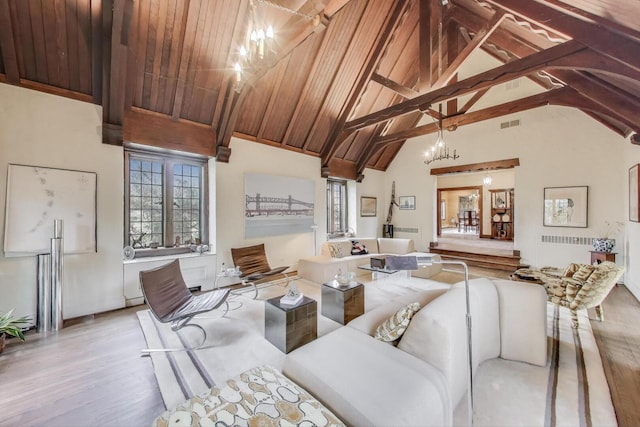 living area with wood finished floors, high vaulted ceiling, a chandelier, beam ceiling, and wood ceiling
