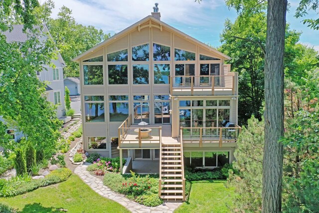 250 Whitney Rd, Lake Zurich, IL 60047 - back of house with stairs, a lawn, a wooden deck, and a chimney