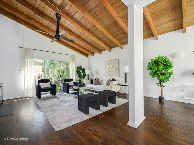 living area featuring wooden ceiling, beamed ceiling, dark wood-style flooring, high vaulted ceiling, and baseboards