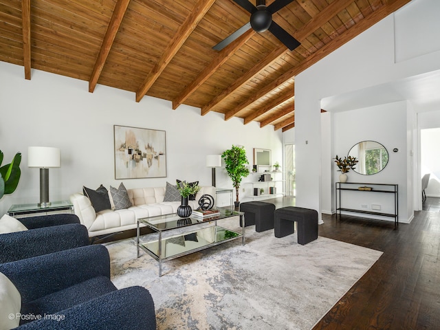 living area with wood ceiling, beam ceiling, hardwood / wood-style floors, a ceiling fan, and high vaulted ceiling