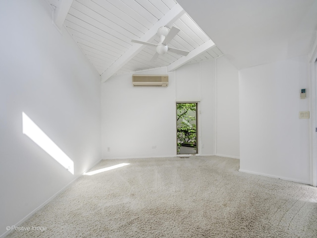 empty room with an AC wall unit, carpet flooring, baseboards, wooden ceiling, and a ceiling fan
