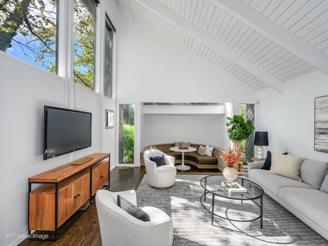 living room featuring high vaulted ceiling, dark wood-type flooring, and beamed ceiling