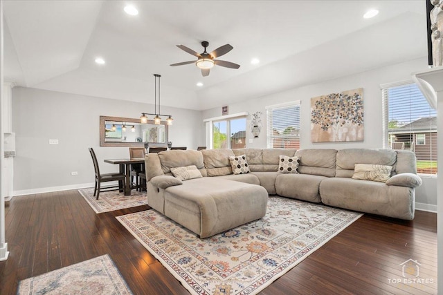 1308 Burry St, Joliet, IL 60435 - living area with ceiling fan, baseboards, dark wood-style floors, and recessed lighting