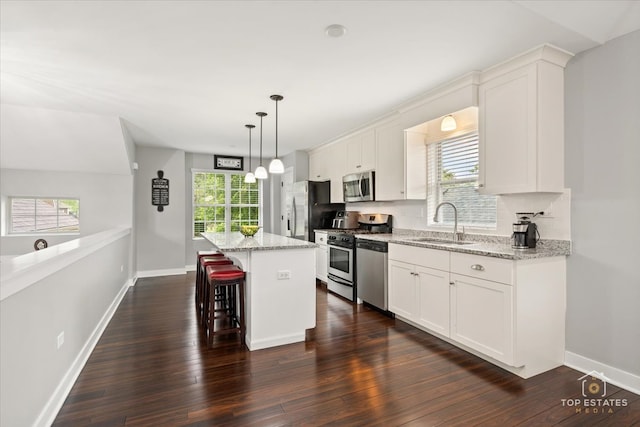 1308 Burry St, Joliet, IL 60435 - kitchen featuring stainless steel appliances, a sink, a kitchen island, a breakfast bar, and healthy amount of natural light