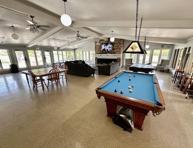 35 Montego Colony Unit 1, Fox Lake, IL 60020 - game room featuring a ceiling fan, tile patterned floors, a brick fireplace, and pool table