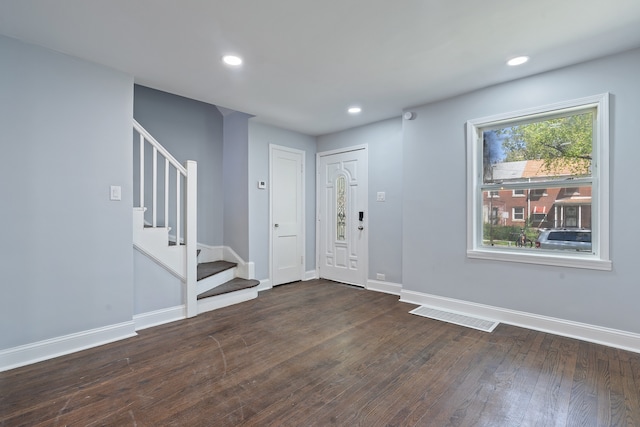 715 E 105th Pl, Chicago, IL 60628 - entryway featuring baseboards, stairs, dark wood-style flooring, and recessed lighting