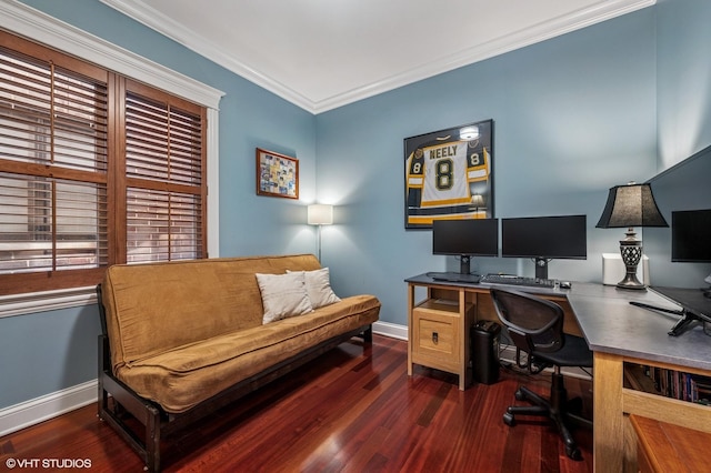 home office with wood finished floors, baseboards, and crown molding