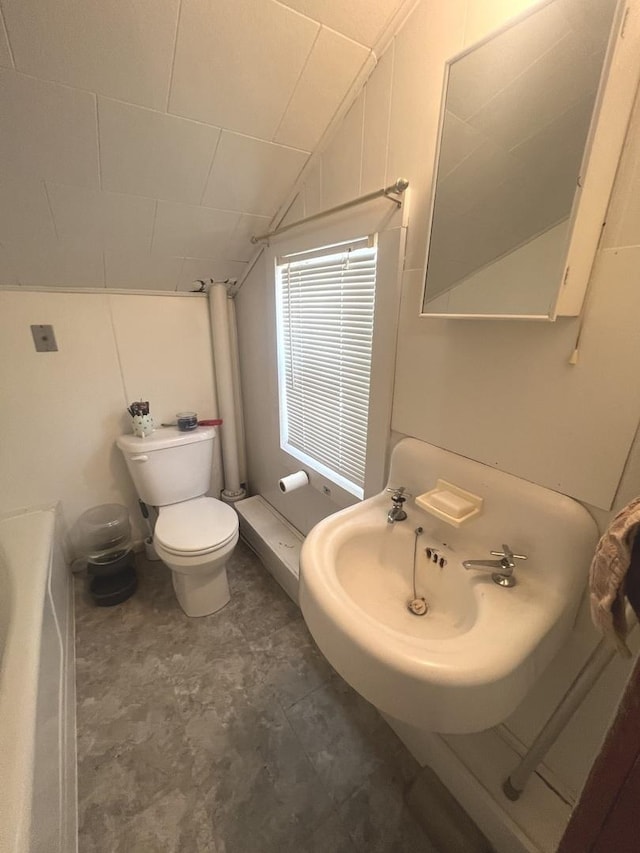 416 W Washington St, Morris, IL 60450 - bathroom featuring lofted ceiling, toilet, and a bathtub