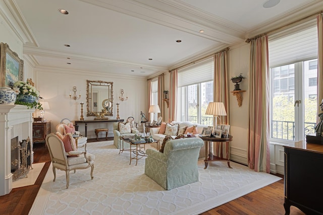 65 E Goethe St Unit 4N, Chicago, IL 60610 - living area with plenty of natural light, wood finished floors, crown molding, and a fireplace with flush hearth