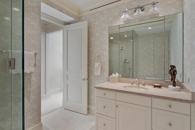 65 E Goethe St Unit 4N, Chicago, IL 60610 - bathroom featuring wallpapered walls, a shower stall, vanity, and crown molding