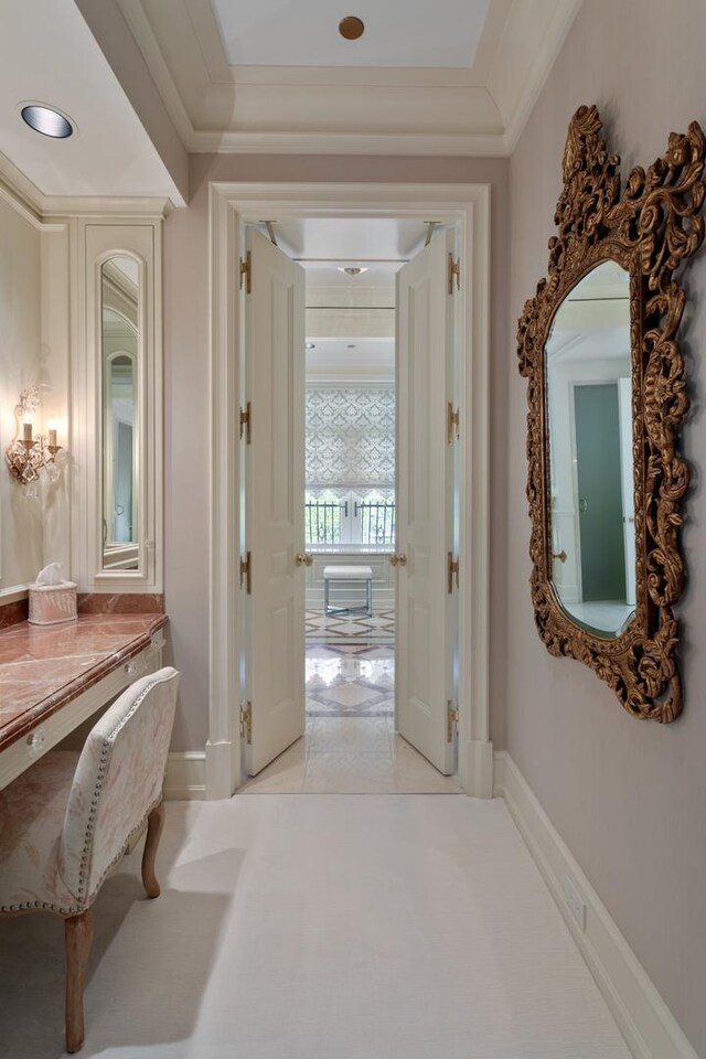 65 E Goethe St Unit 4N, Chicago, IL 60610 - bathroom featuring crown molding, baseboards, and a raised ceiling