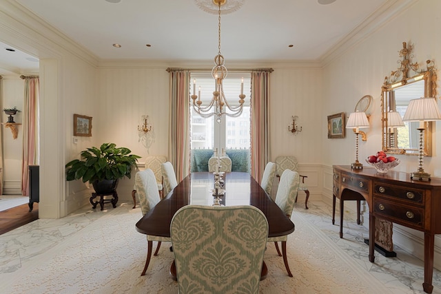65 E Goethe St Unit 4N, Chicago, IL 60610 - dining space with a chandelier, light marble finish flooring, crown molding, and a decorative wall