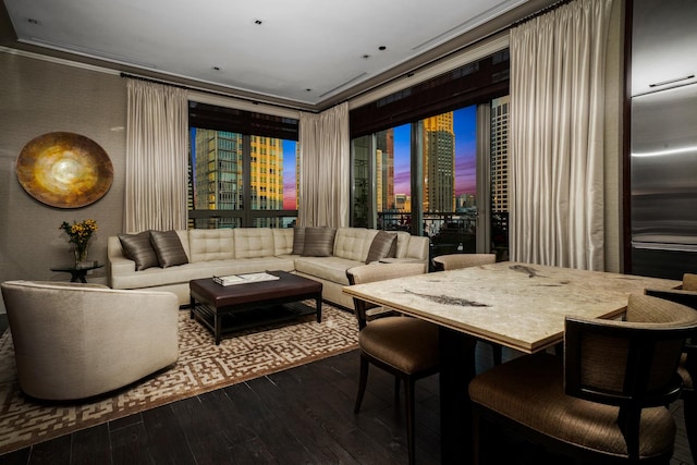 living room featuring dark wood finished floors, a city view, and crown molding