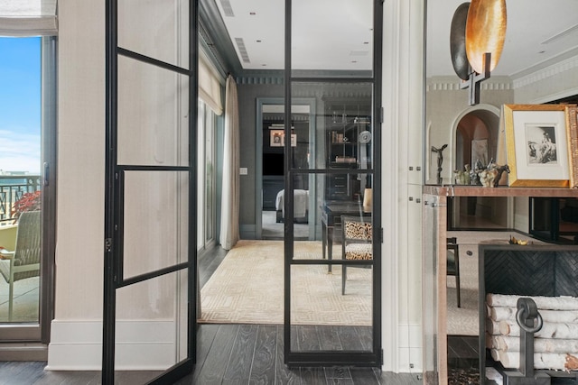 entryway featuring wood finished floors, plenty of natural light, and french doors