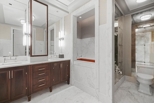 bathroom with marble look tile flooring, toilet, double vanity, and a garden tub