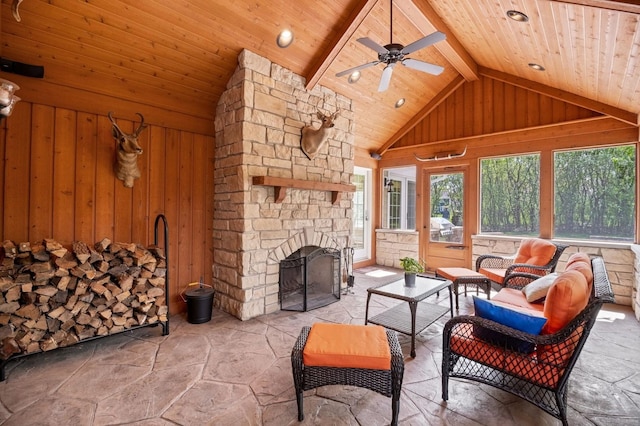 1527 Steeplechase Ct, Green Oaks, IL 60048 - living area with light stone finish floors, ceiling fan, wood ceiling, a fireplace, and wooden walls