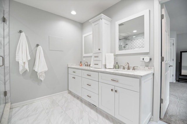 1527 Steeplechase Ct, Green Oaks, IL 60048 - bathroom with a shower stall, marble look tile flooring, double vanity, baseboards, and recessed lighting
