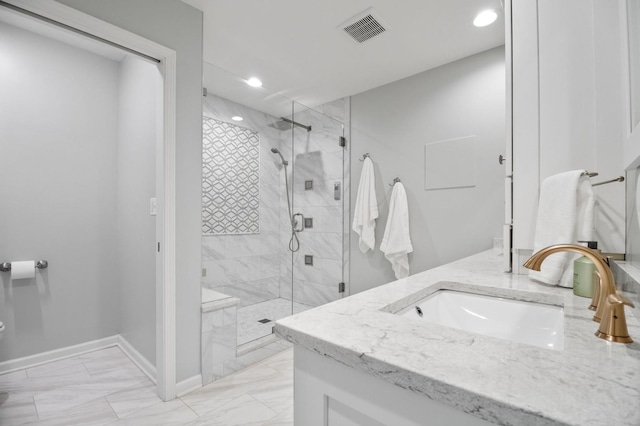 1527 Steeplechase Ct, Green Oaks, IL 60048 - bathroom featuring marble look tile flooring, recessed lighting, baseboards, a stall shower, and vanity