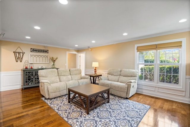 1527 Steeplechase Ct, Green Oaks, IL 60048 - living area with recessed lighting, wainscoting, a decorative wall, wood finished floors, and crown molding