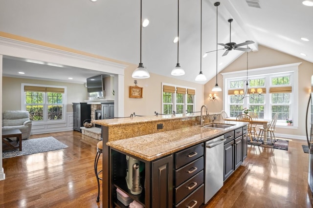 1527 Steeplechase Ct, Green Oaks, IL 60048 - kitchen featuring dishwasher, a sink, a ceiling fan, plenty of natural light, and high vaulted ceiling